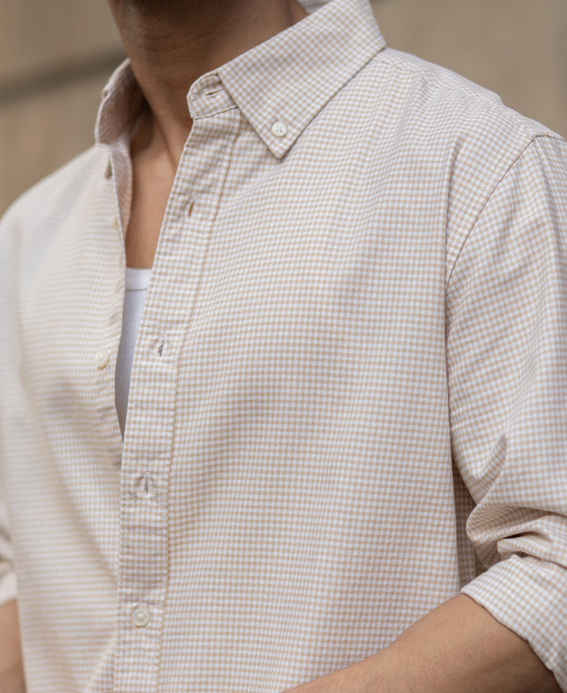 Beige Microchecks Oxford Shirt.