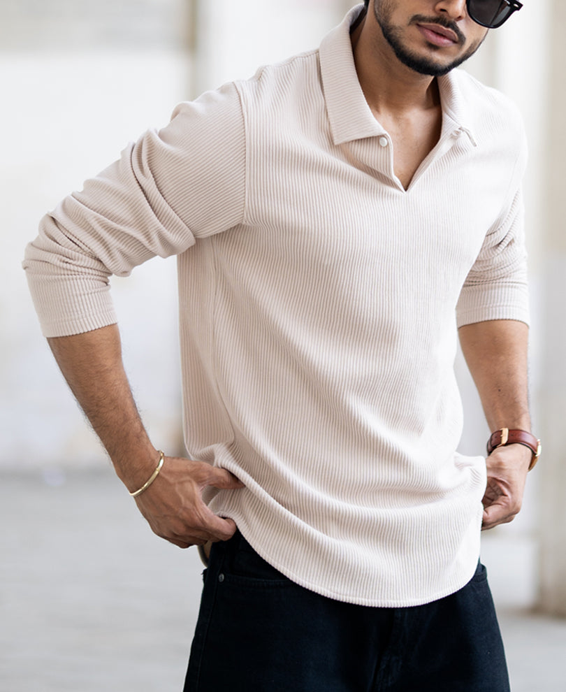 Beige Corduroy Regular Fit Full Sleeves T-Shirt.