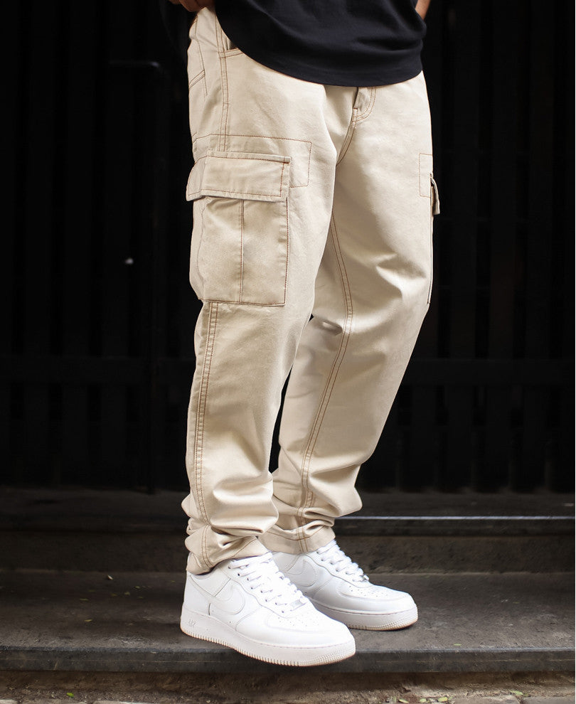 Cream Regular Fit Pocket Cargo Pant.