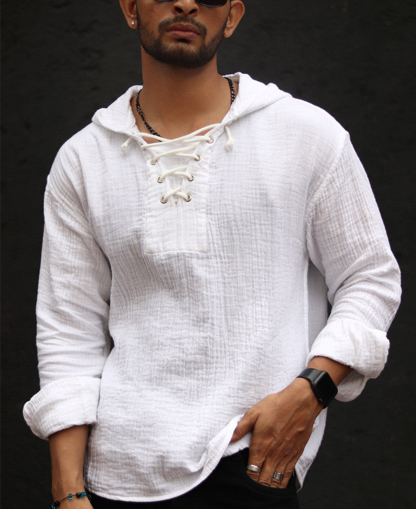 White Hoodie Oversize Drop Shoulder Shirt.