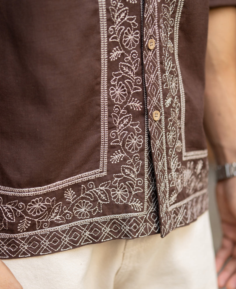 Dark Brown Linen Blend Embroidery Shirt.