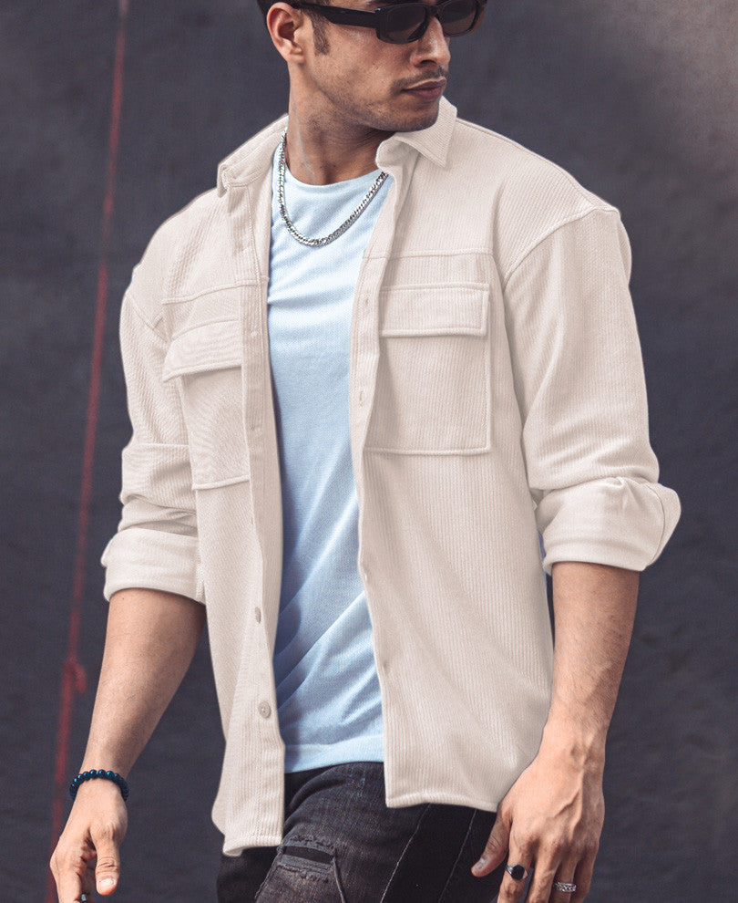 Cream Chest Pocket Shacket Oversize Drop Shoulder Shirt.