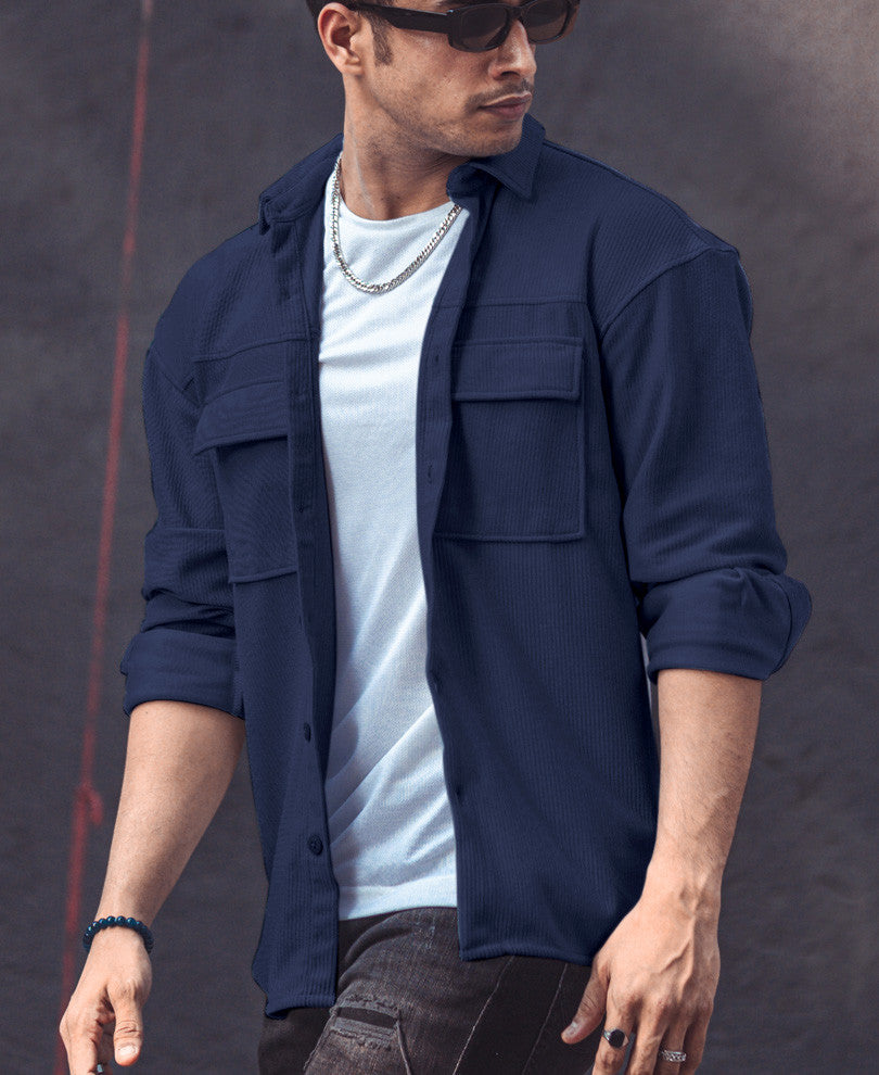 Navy Blue Pocket Oversize Shacket Drop Shoulder Shirt.