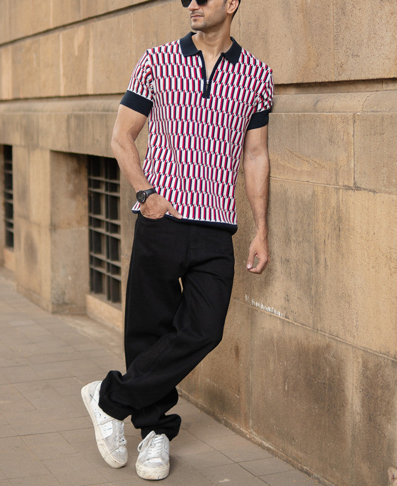 Multicolour Jacquard Knit Polo T-Shirt.