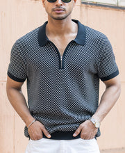 Black Jacquard Knit Polo T-Shirt.