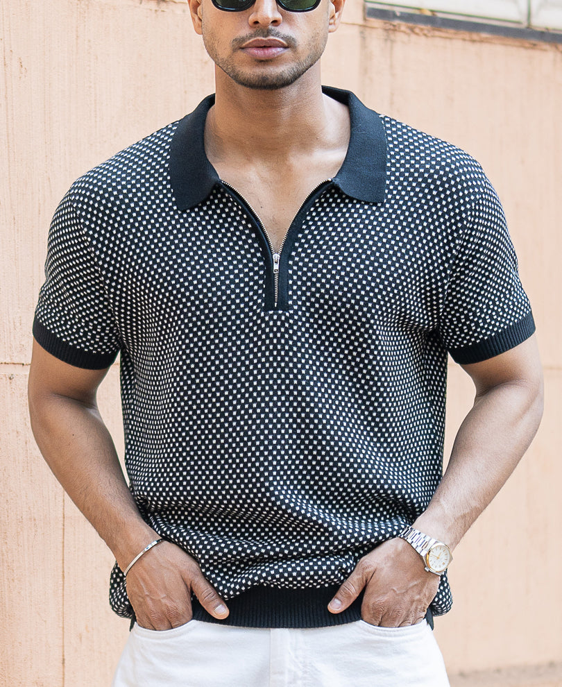 Black Jacquard Knit Polo T-Shirt.