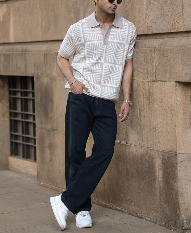 Beige Geometric Jacquard T-Shirt.