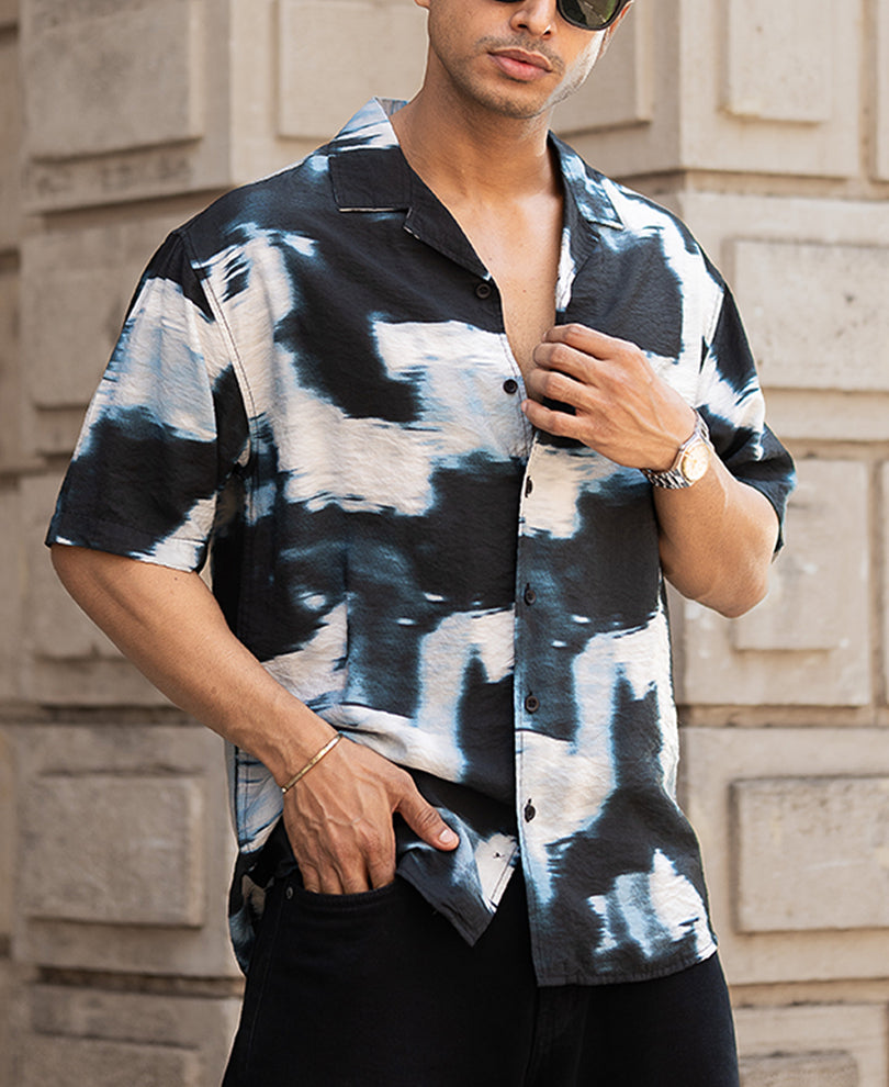 Black Abstract Cuban Printed Oversized Half Sleeves Shirt.