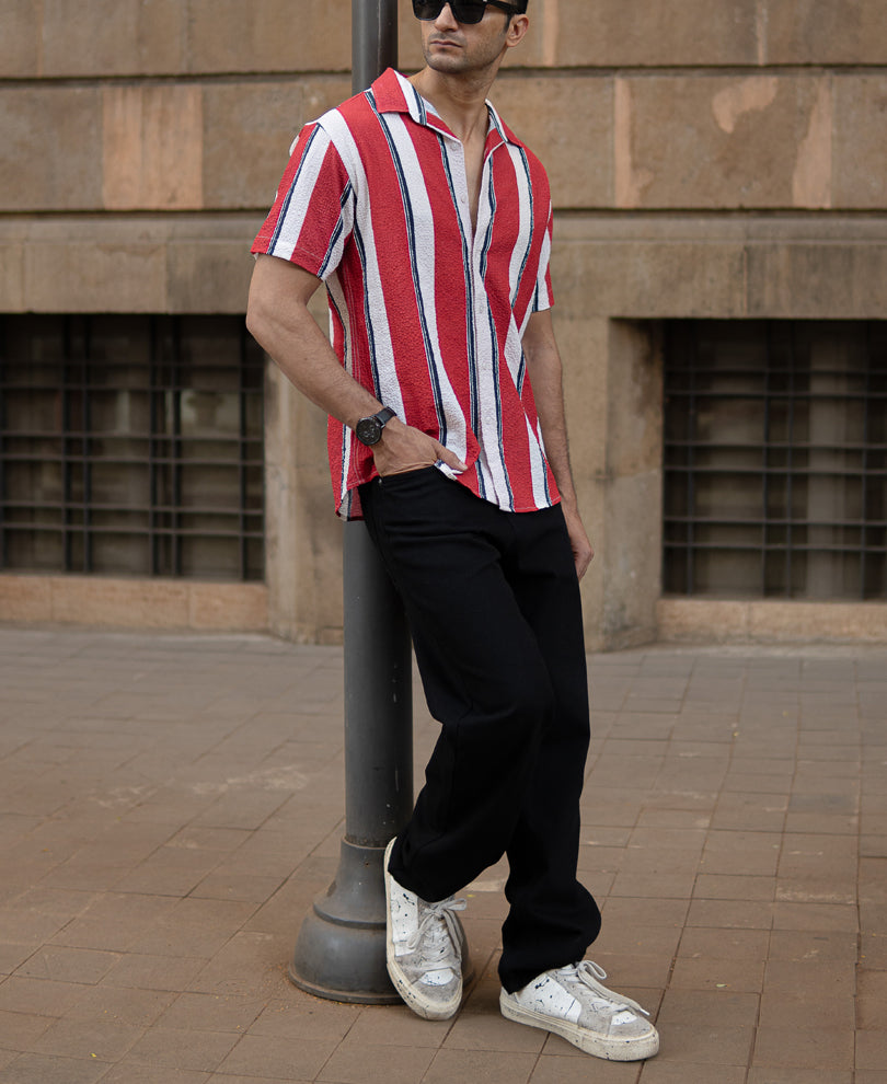 Red Textured Stripe Shirt.