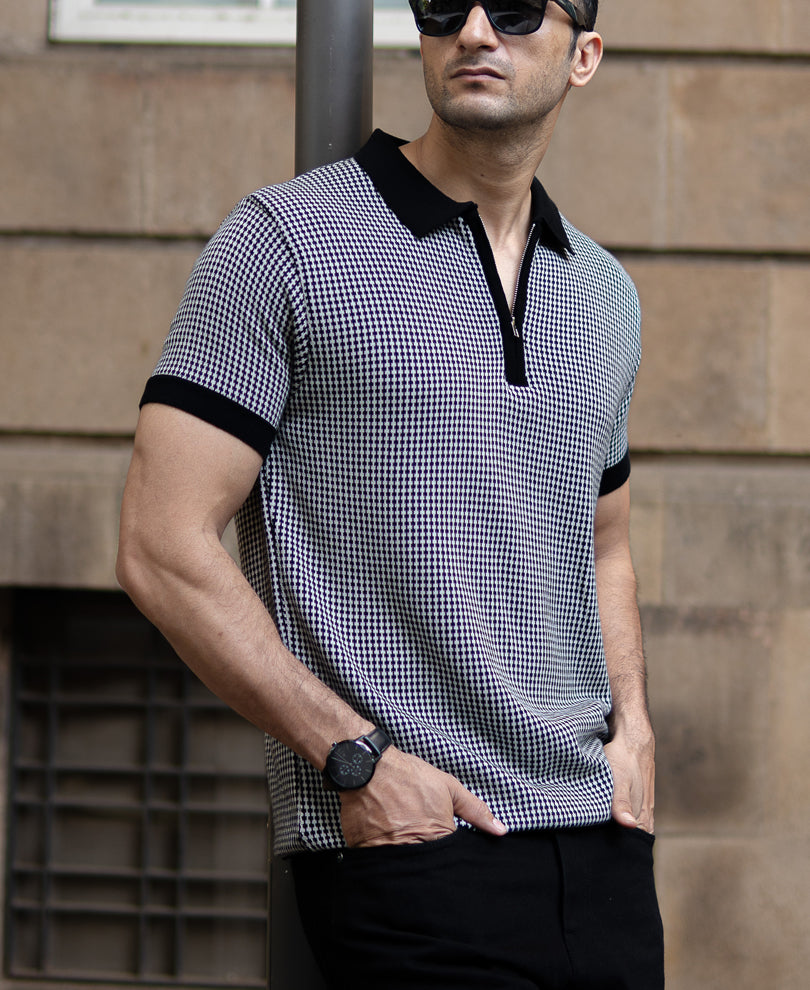 Black And White Knit Polo T-Shirt.