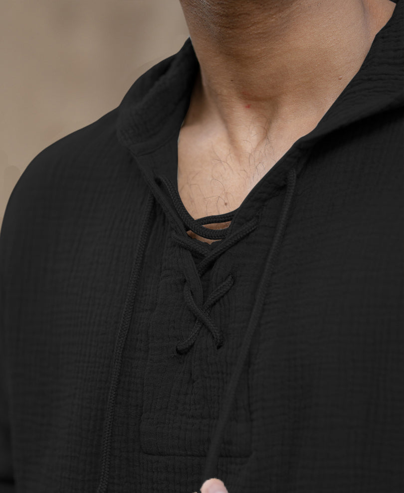 Black Crinkled Hooded Shirt.