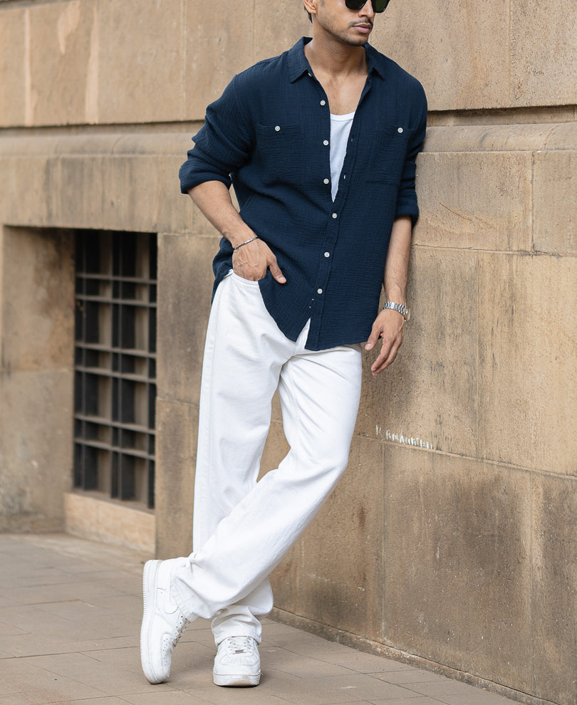 Navy Crinkled Shirt With Pockets.