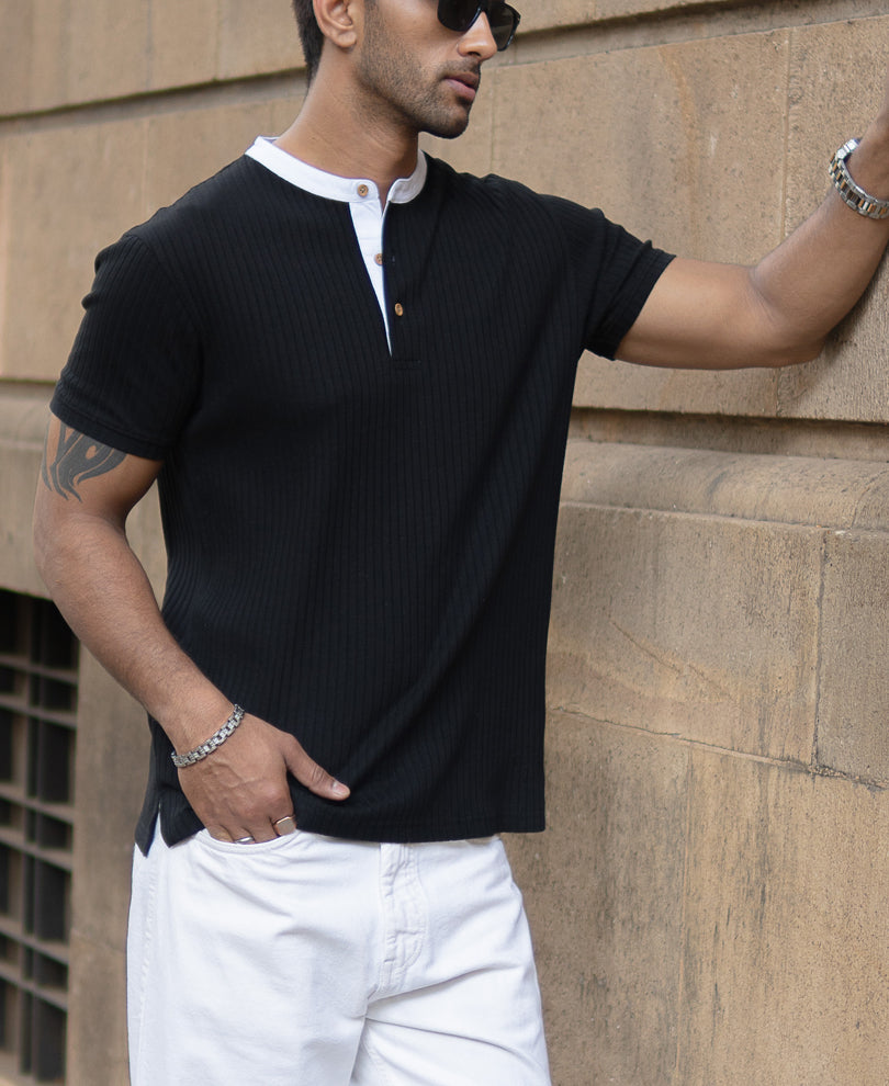 Black Contrast Collar Henley T-Shirt.