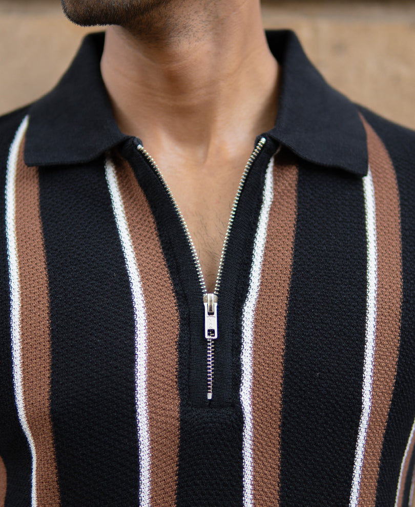 Multicolour Knitted Stripe Zipper T-Shirt.