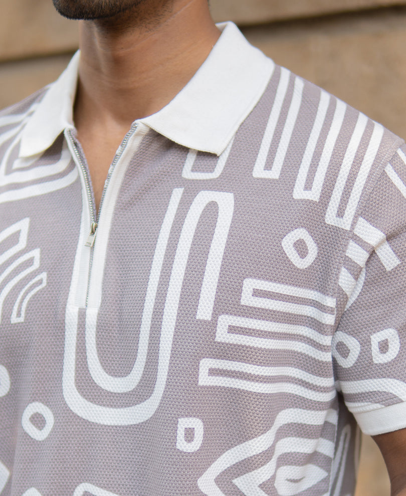 Grey Contrast Printed Polo T-Shirt.