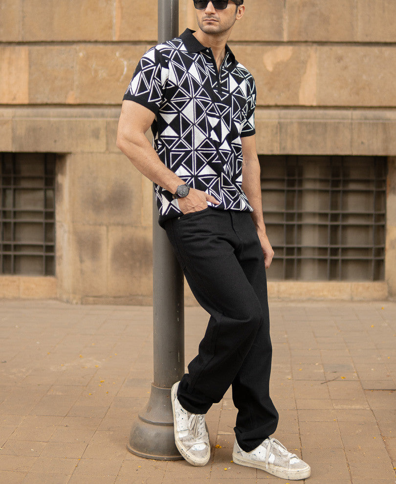 Black Geometric Knit Polo T-Shirt.