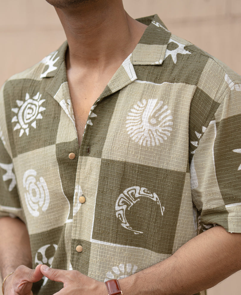 Green Structured Cuban Printed Shirt.
