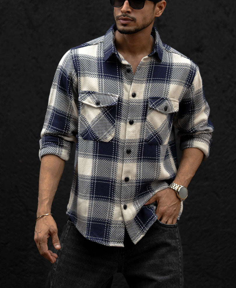 Navy Blue Regular Fit Checked Full Sleeves Shirt.