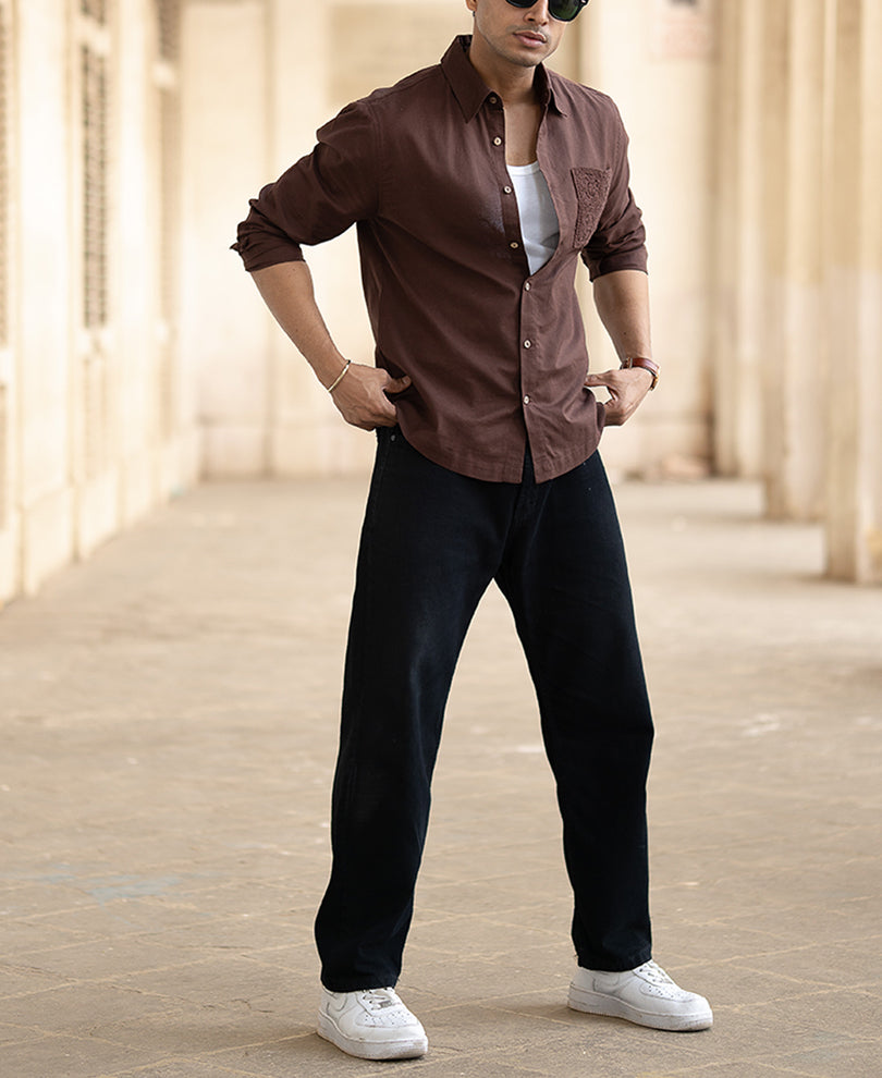 Brown Full Sleeves Regular Fit Linen Shirt.
