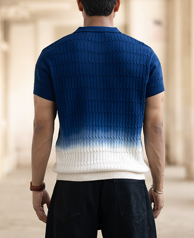 Blue Ombre Knit Polo T-Shirt.