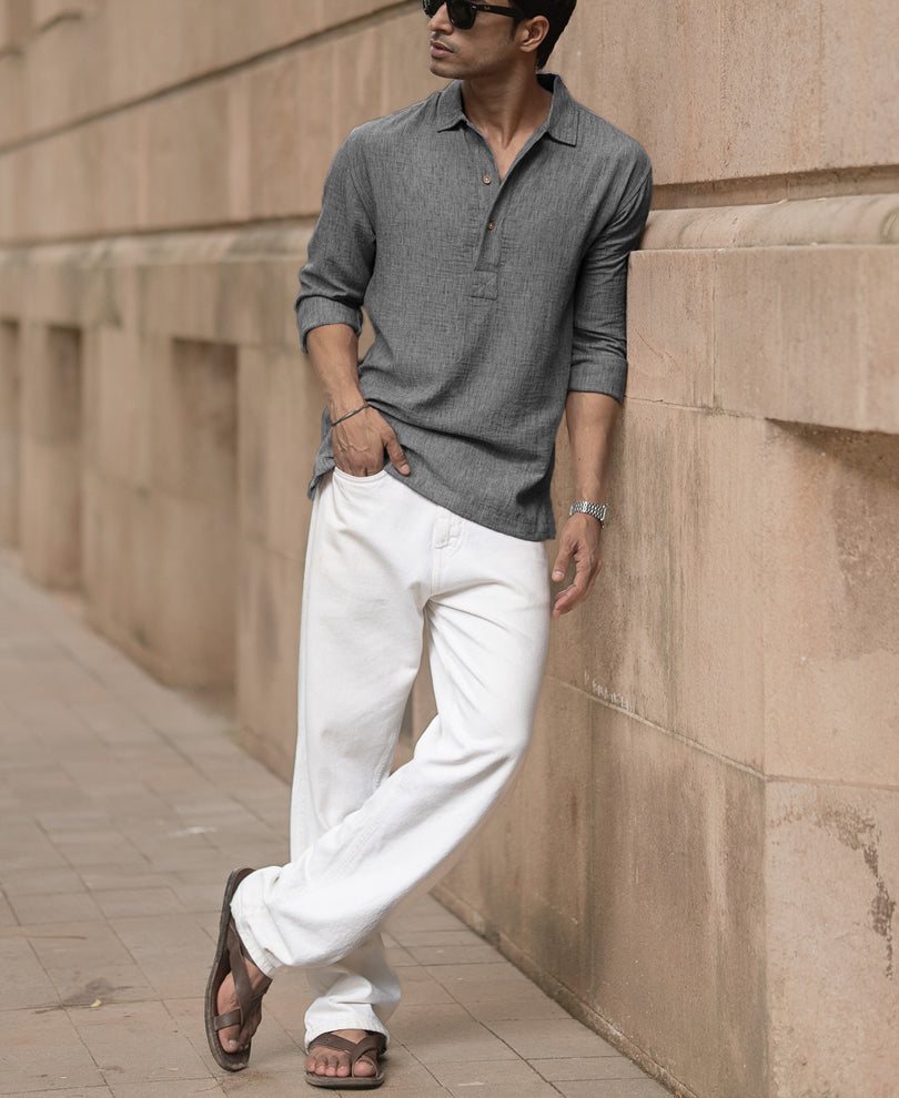 Dark Grey Slub Kurta Shirt.