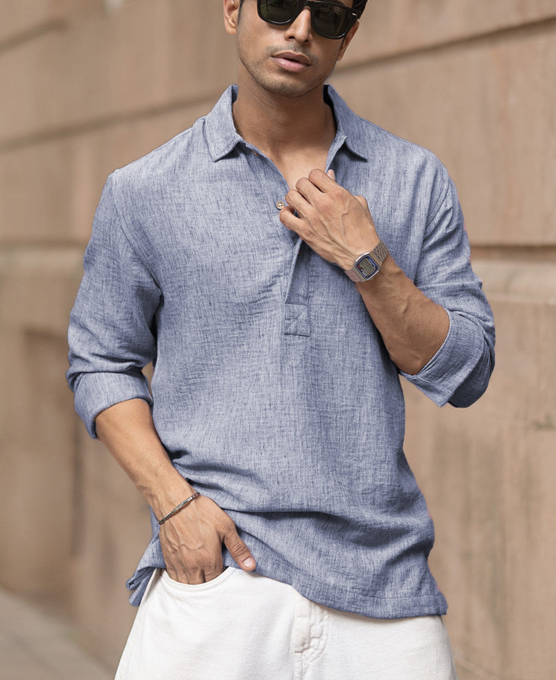 Blue Slub Kurta Shirt.