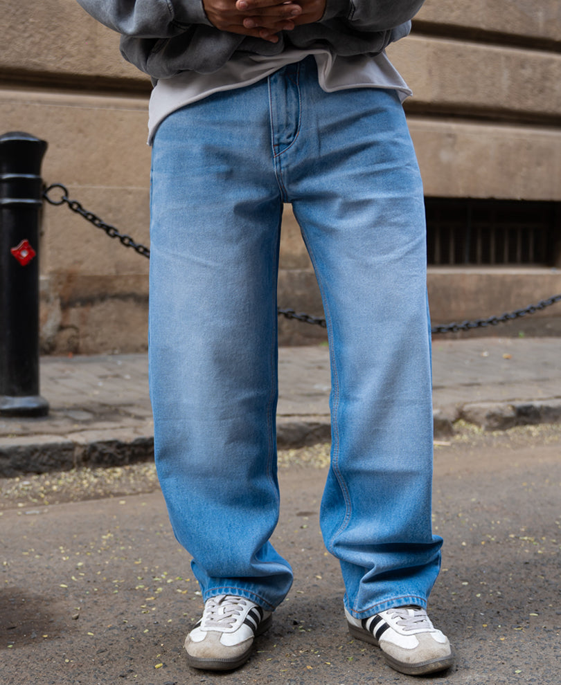 Mid Blue Washed Baggy Fit Jeans.