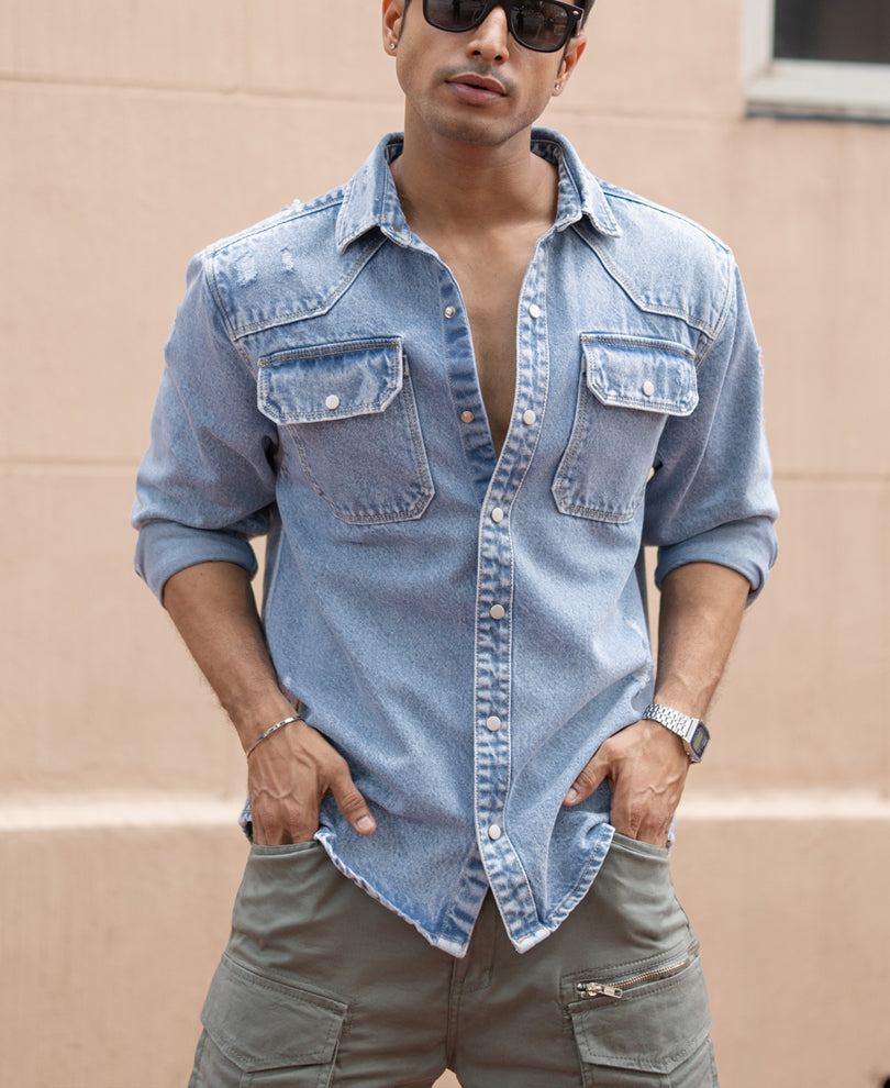 Blue Denim Regular Fit Full Sleeves Shirt.