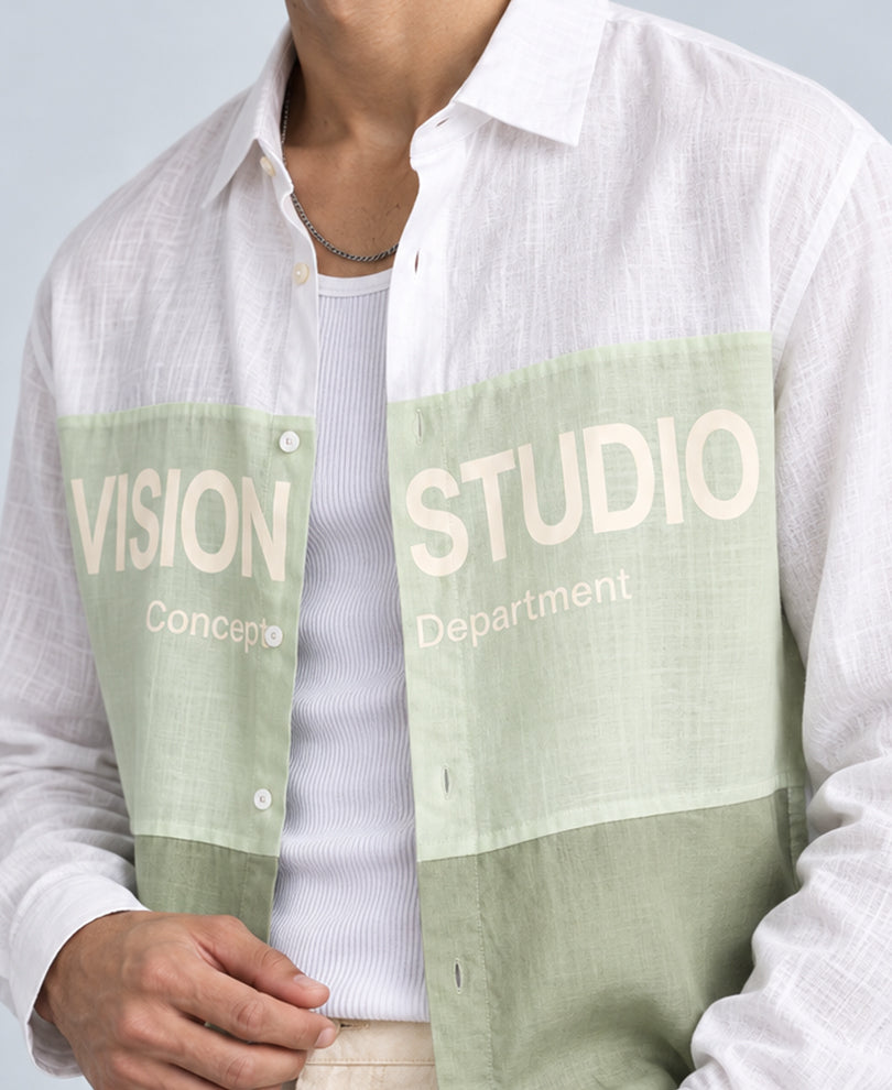 Green Colourblocked Printed Shirt