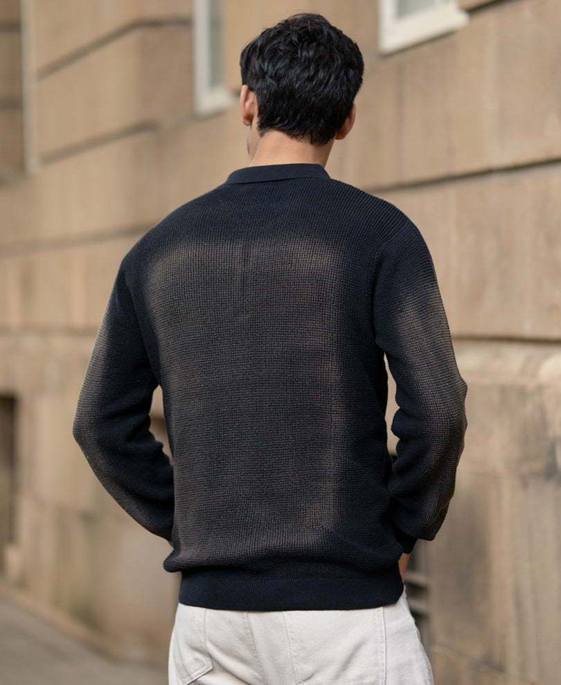 Black Sprayed Zipper Neck T-Shirt.