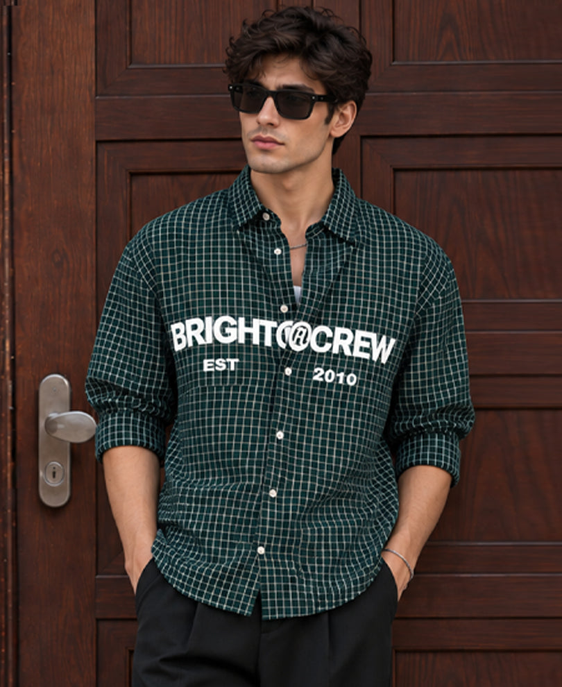 Pine Green Printed Checks Shirt 100% Cotton