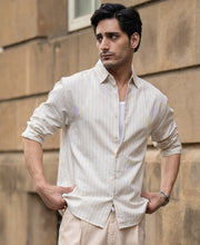 Blue & Beige Linen Stripe Shirt.