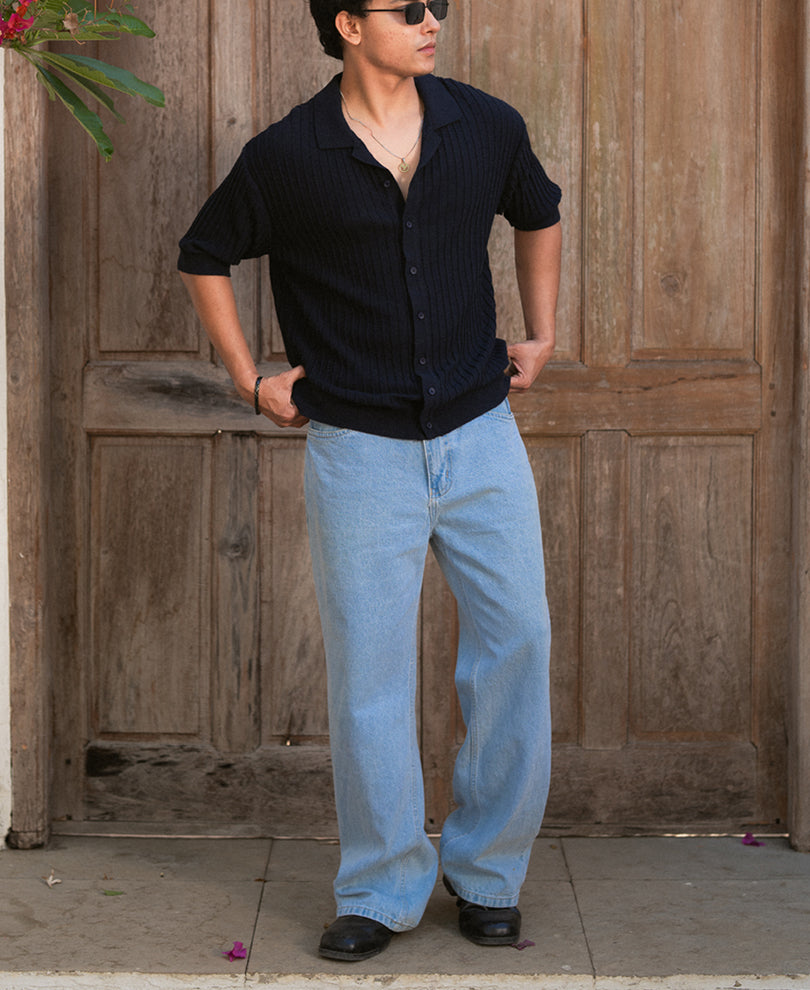 Navy Rib Knit Shirt.
