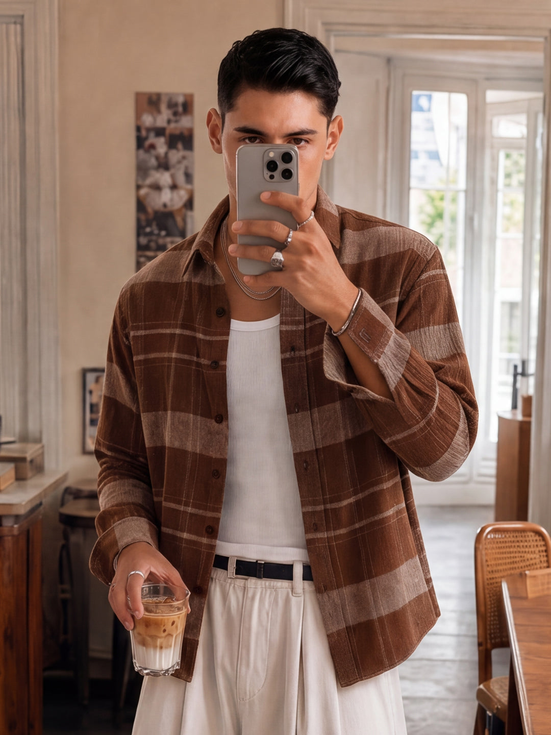 Brown Structured Checked Shirt