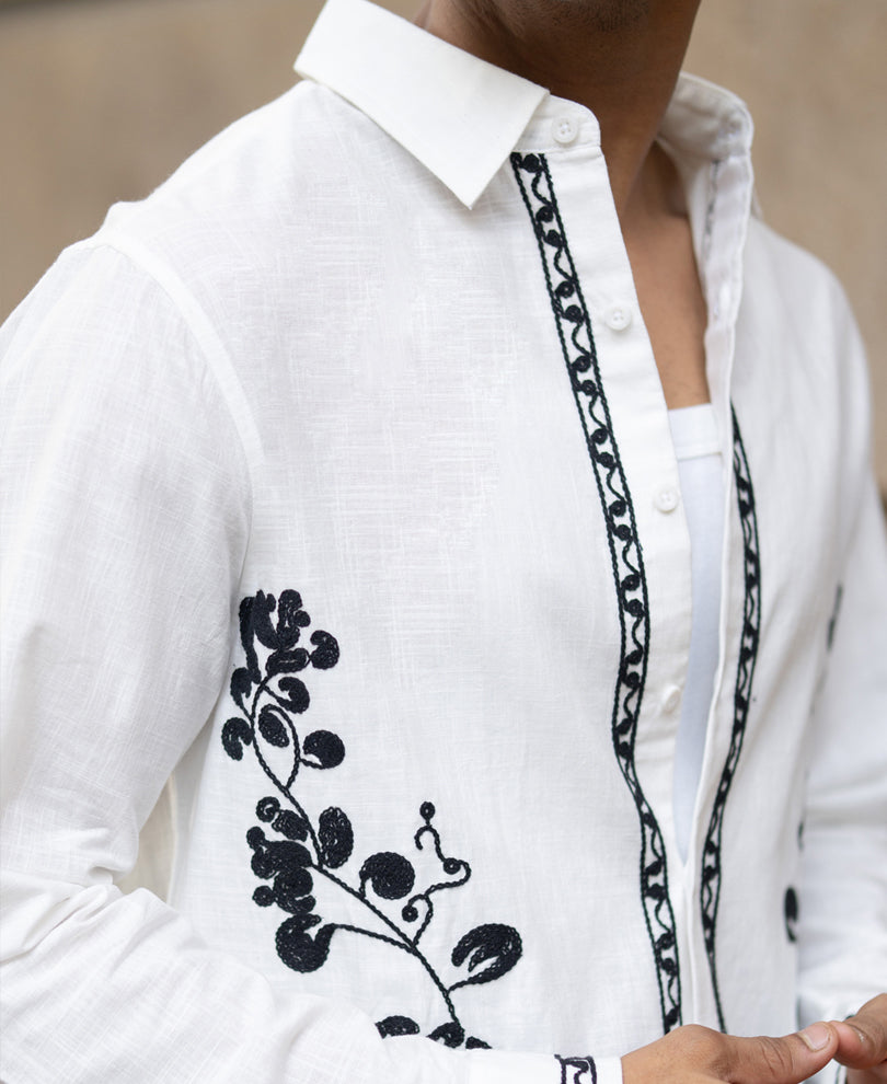 White Cotton Slub Embroidered Shirt.