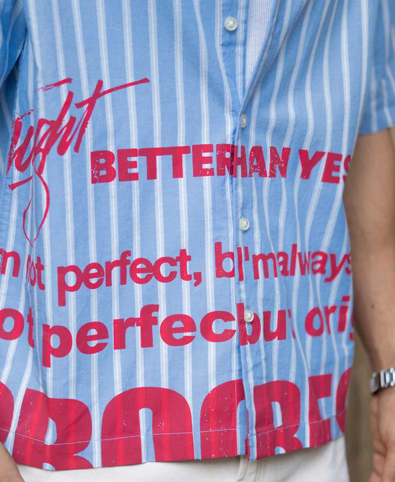 Blue Slogan Print Stripe Shirt.
