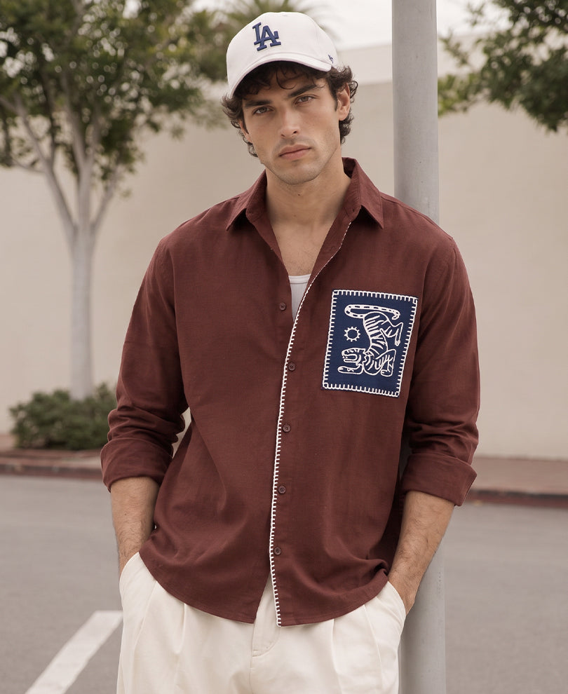 Brown Embroidered Patch Linen Shirt