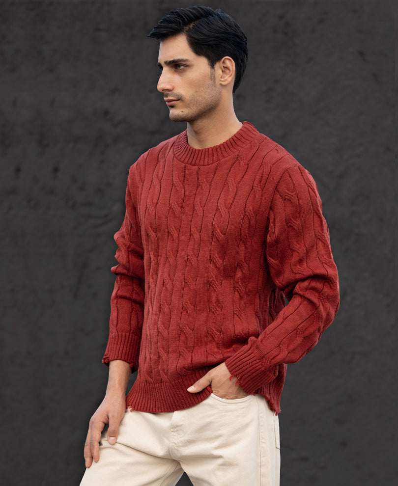 Ochre Distressed Cable Knit T-Shirt.