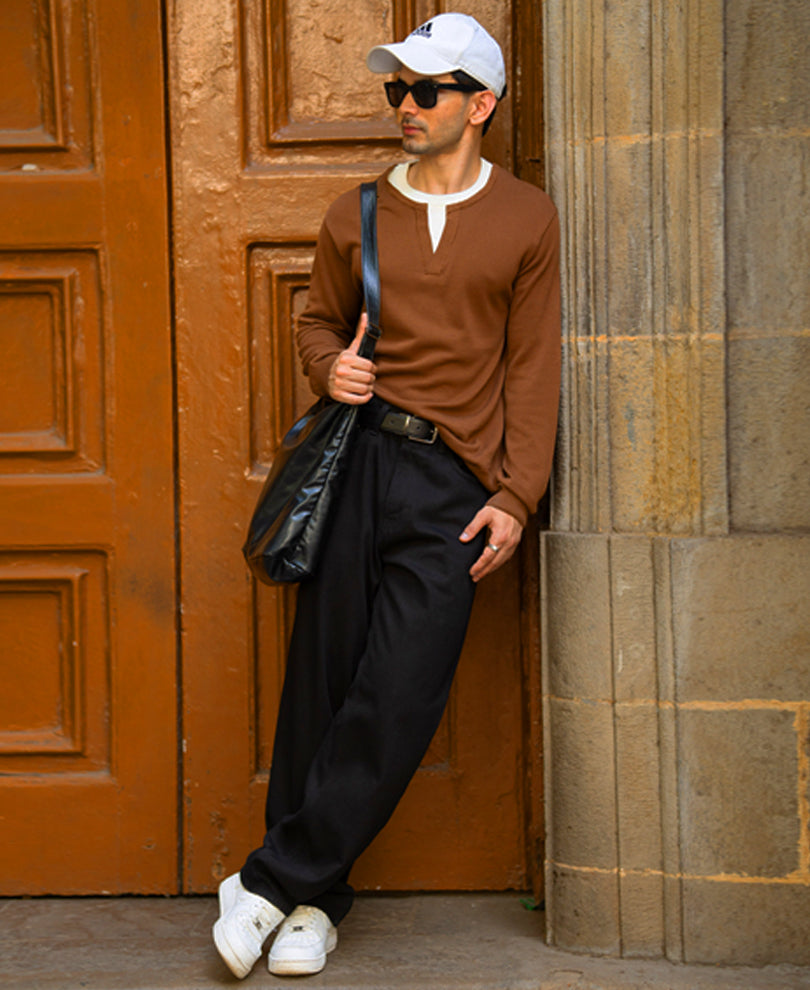 Brown Contract Double Neck T-Shirt 100% Cotton