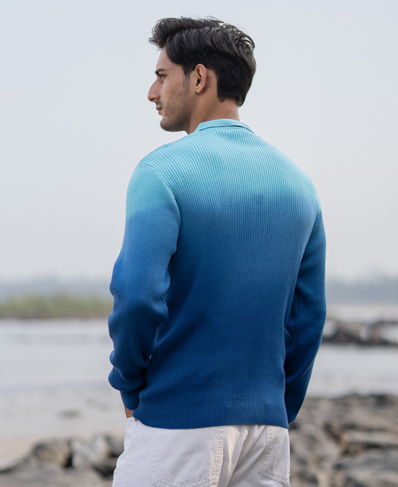 Blue Ombre Structure Cotton T-Shirt.