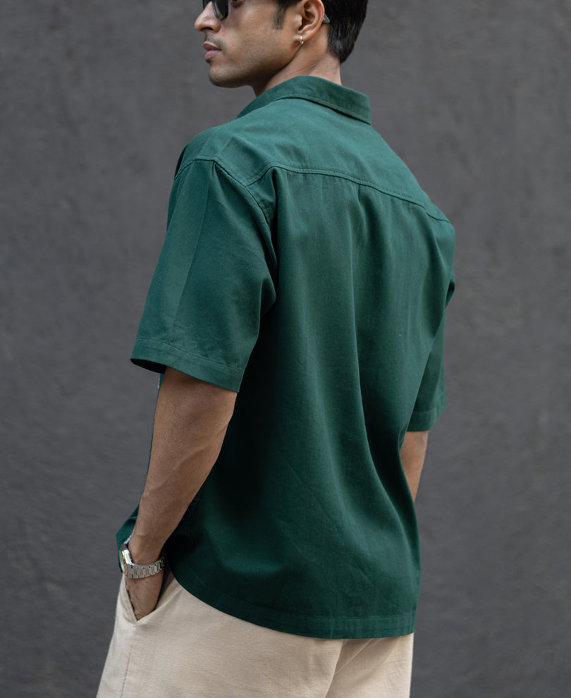 Dark Teal Embroidered Structured Shirt.