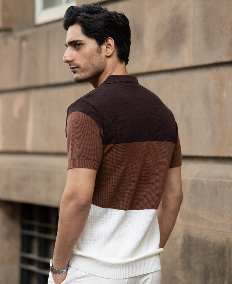 Brown & Beige Stripe Knit T-Shirt.