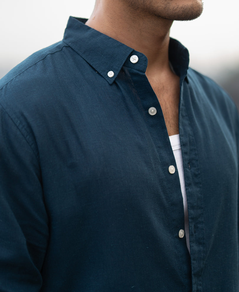 Dark Teal Linen Blend Shirt.