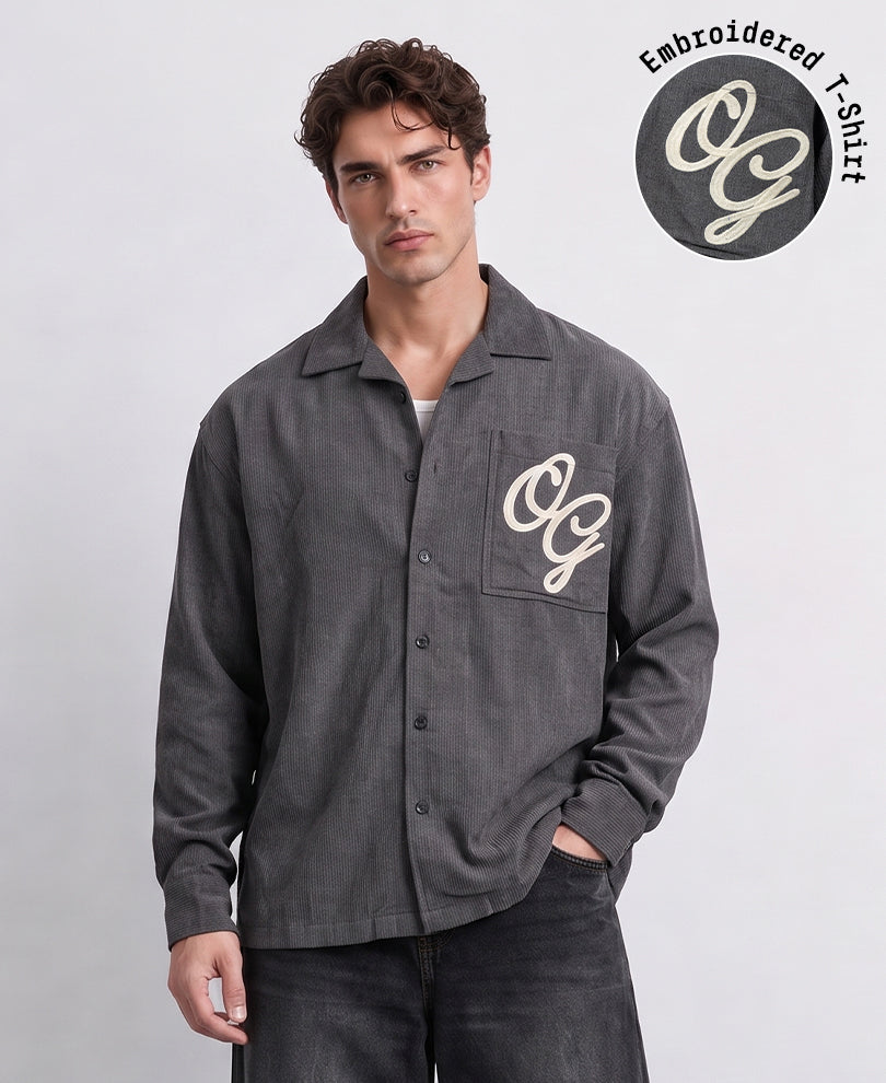 Dark Grey Structured Embroidered Shirt