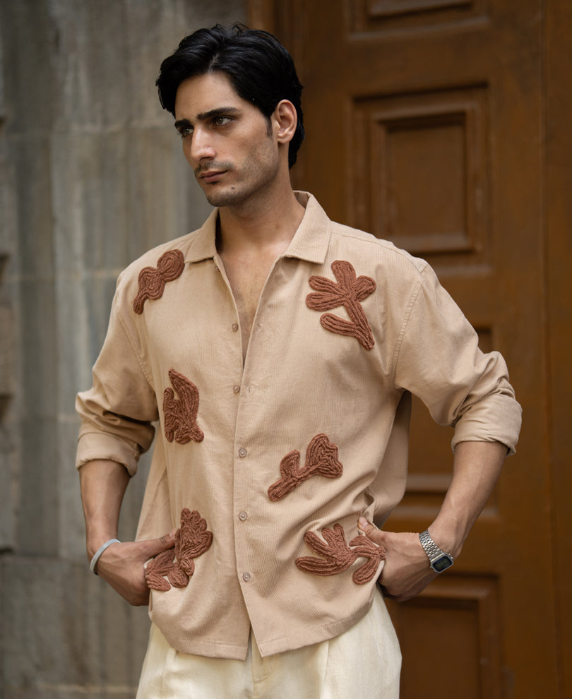 Beige Corduroy Embroidered Shirt 100% Cotton