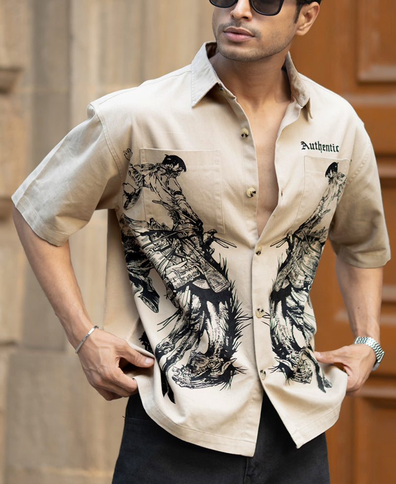 Beige Cowboy Print Boxy Shirt.
