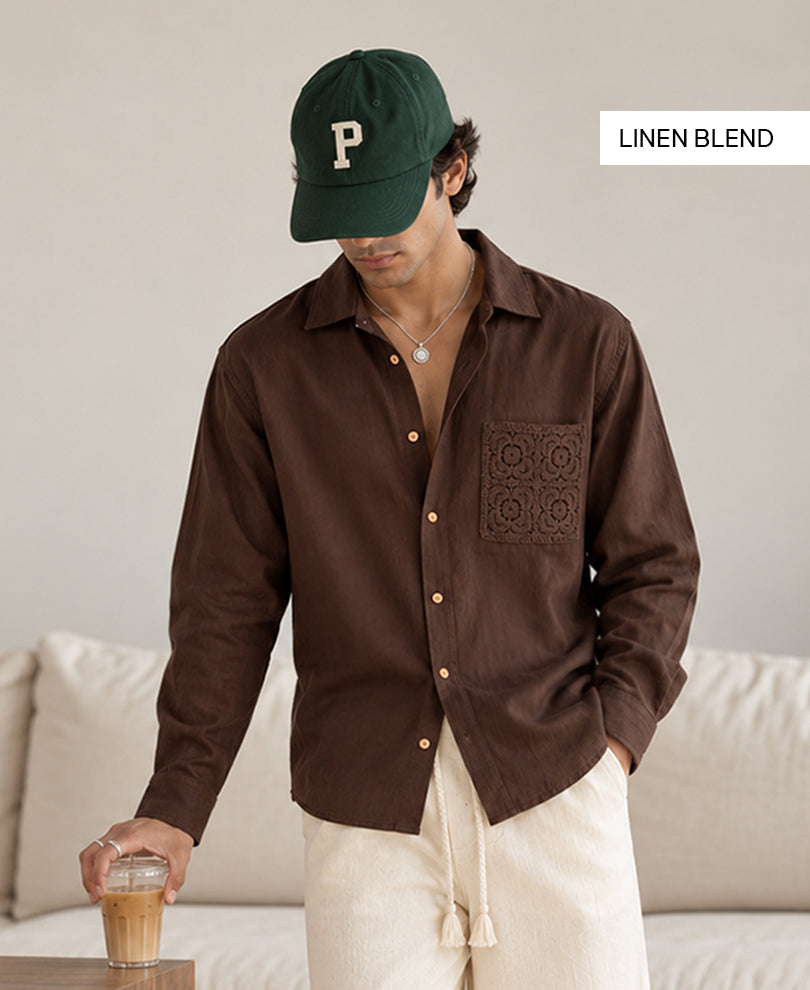 Brown Full Sleeves Regular Fit Linen Blend Shirt