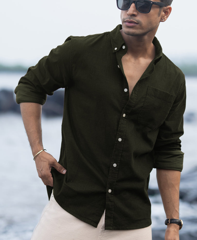 Dark Olive Corduroy Buttondown Shirt.