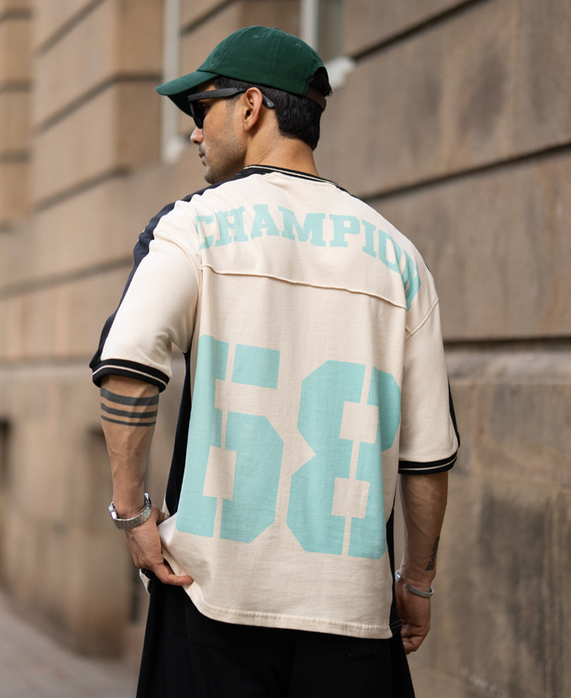 Cream & Black Panelled Graphic T-Shirt 100% Cotton