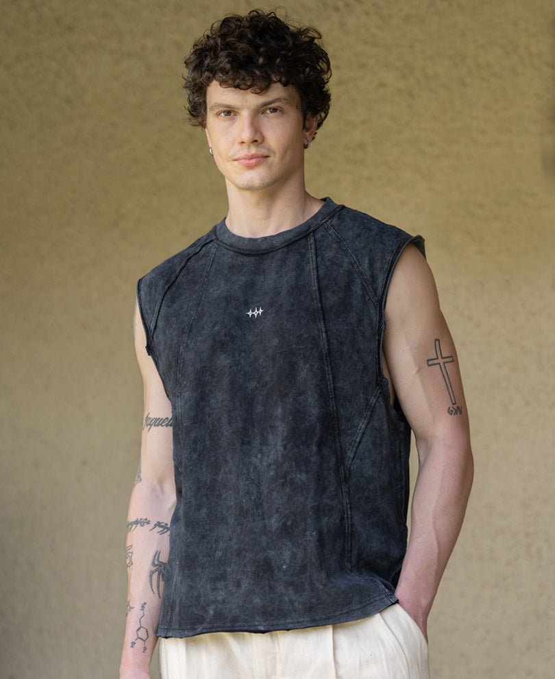 Black Distressed Paneled Vest 100% Cotton
